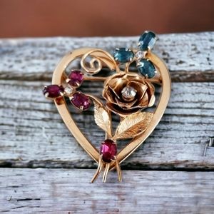 Vintage Signed Coro Gold Tone Heart Brooch Ruby Sapphire Rhinestone